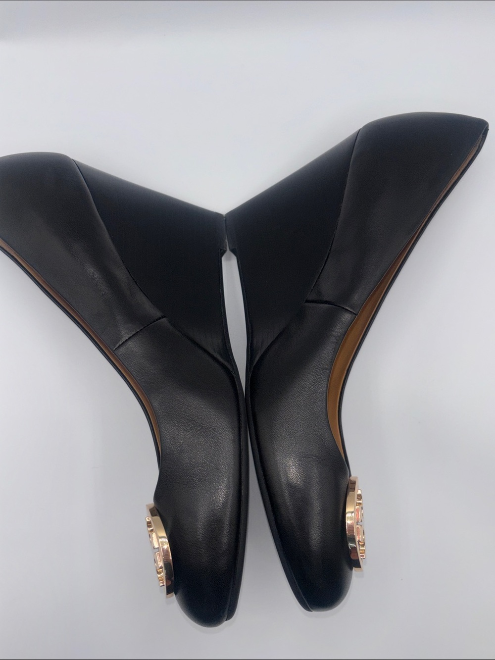Tory Burch Black Leather Wedges with Gold Logo Medallion - Picture 8 of 12